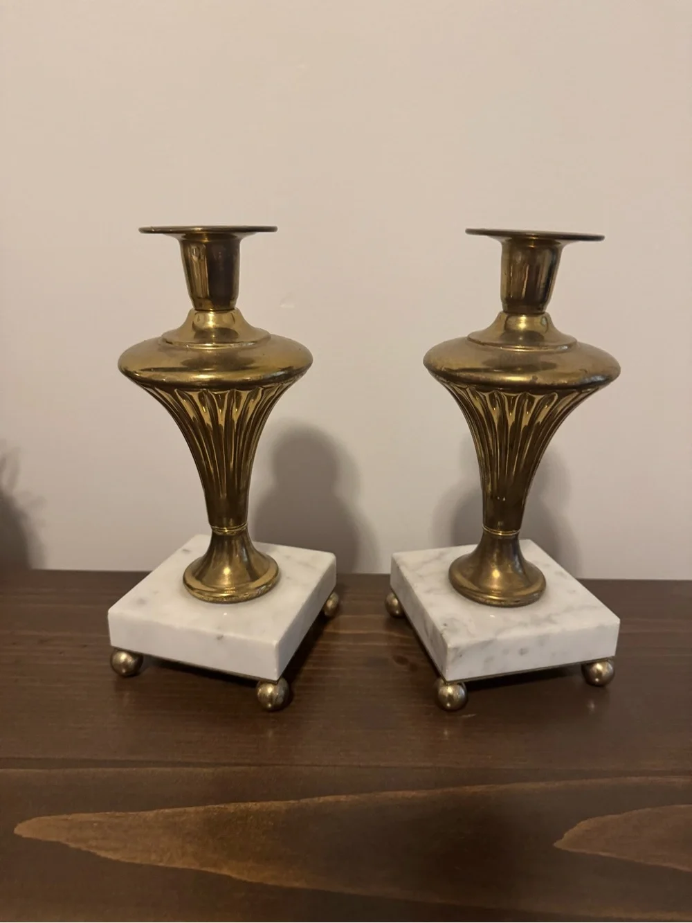 Brass and White Marble Candlestick Pair
